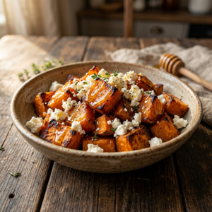 boniatos asados con queso feta y miel cruda de bosque