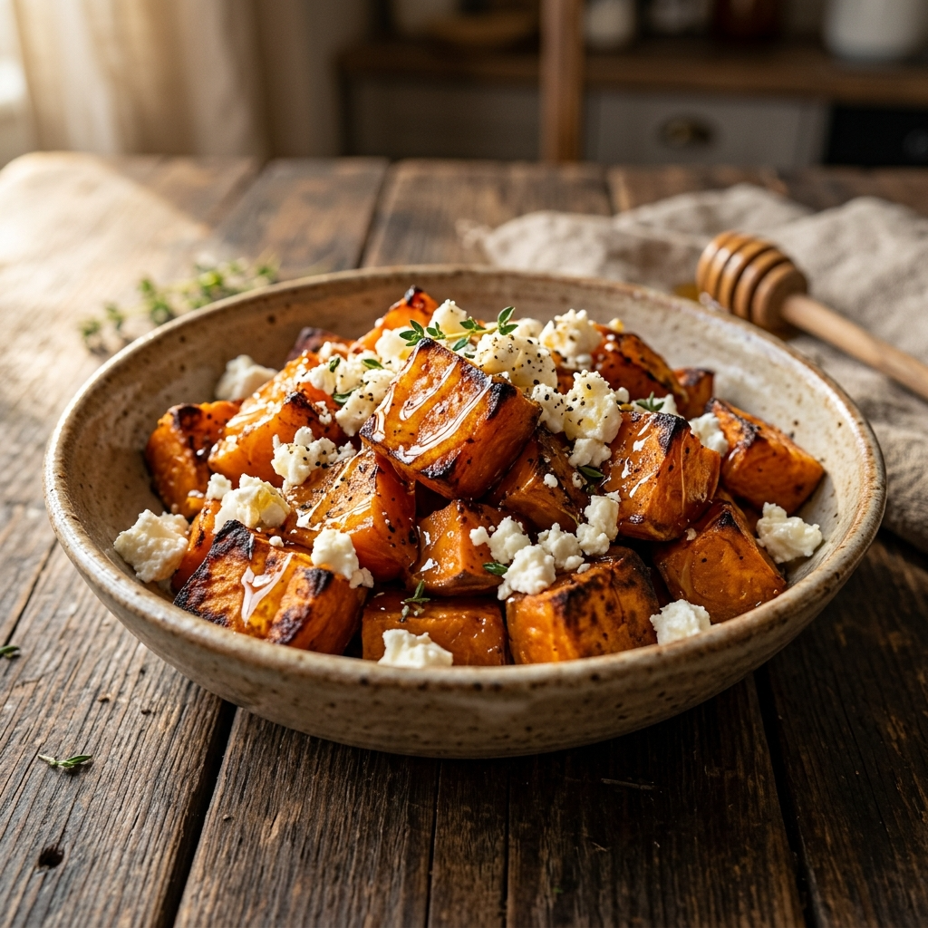 boniatos asados con queso feta y miel cruda de bosque