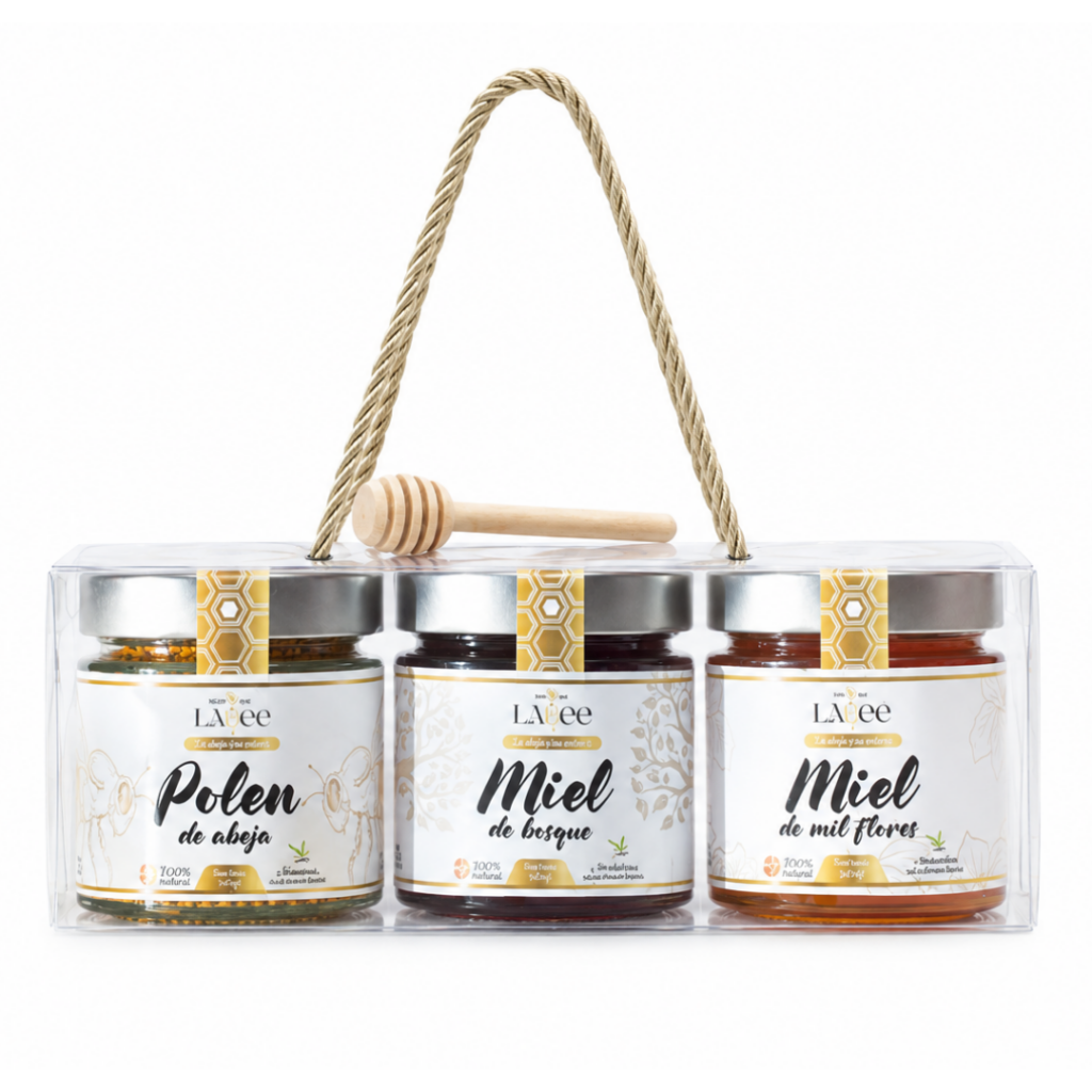 pack gourmet de miel cruda de bosque y mil flores y polen de abeja natural