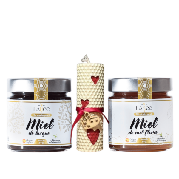 pack encanto, miel natural y vela de corazones para san valentin