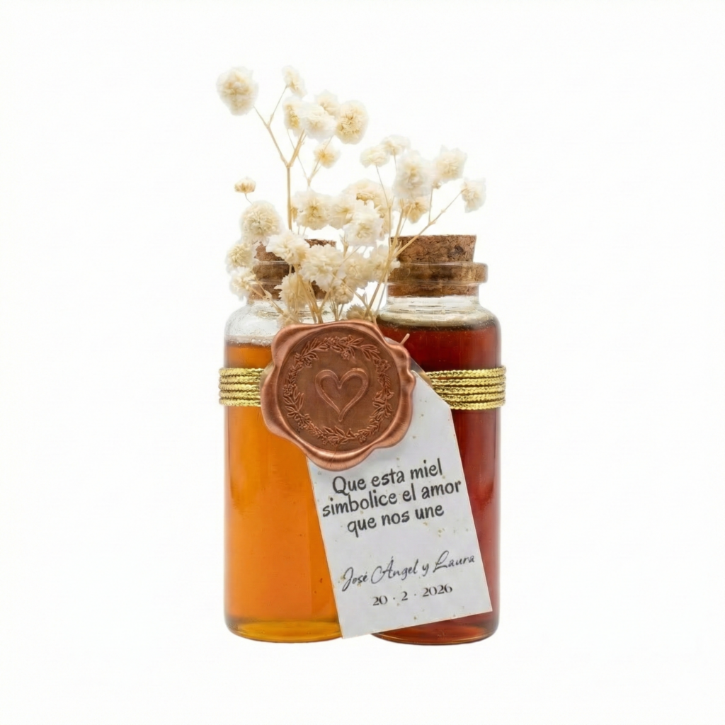 Regalo para invitados: dúo de miel artesanal en tubos de cristal